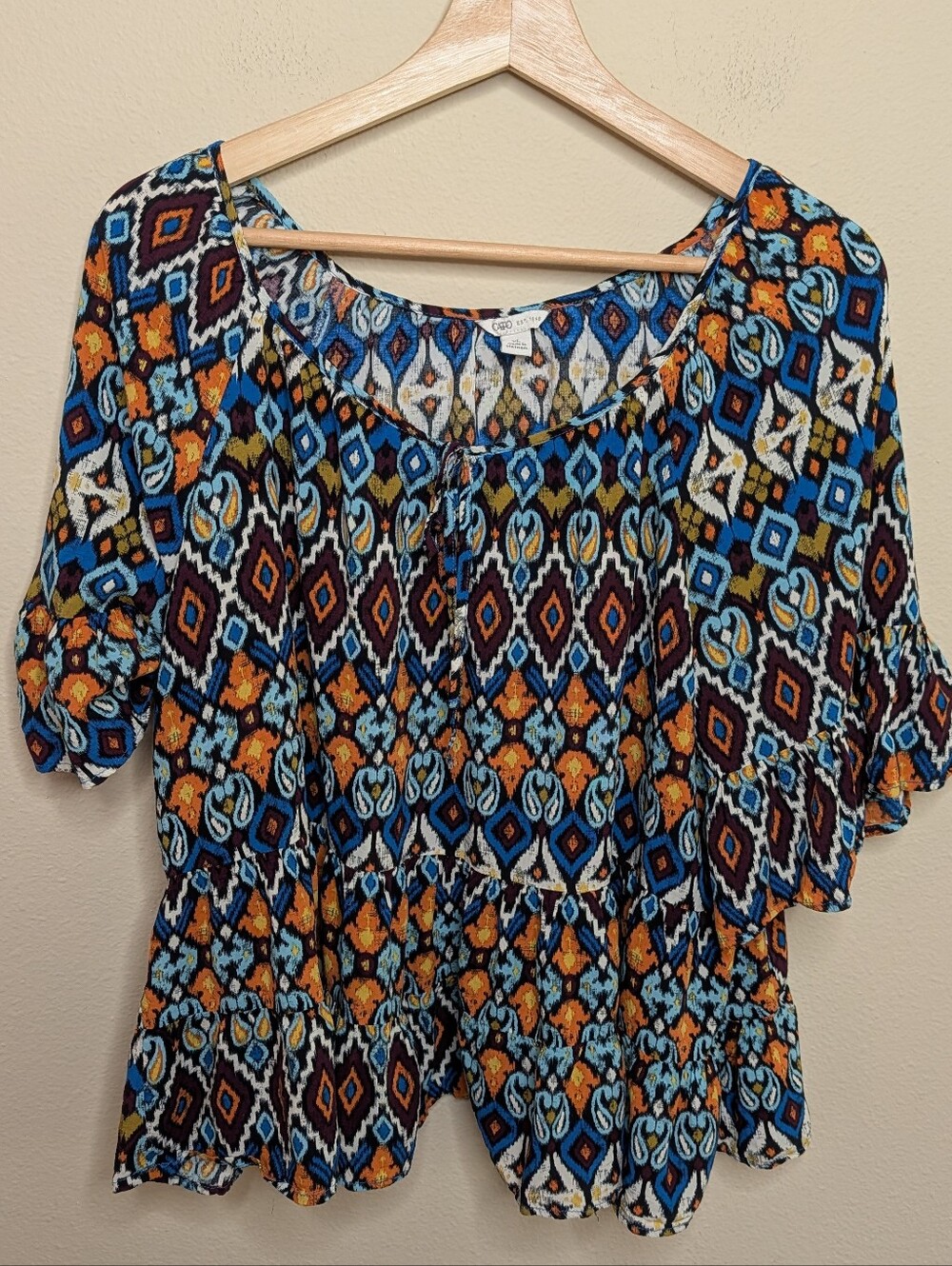 Cato Blue Multicolor Ikat Print Peplum Top XL Bell Sleeve Boho
